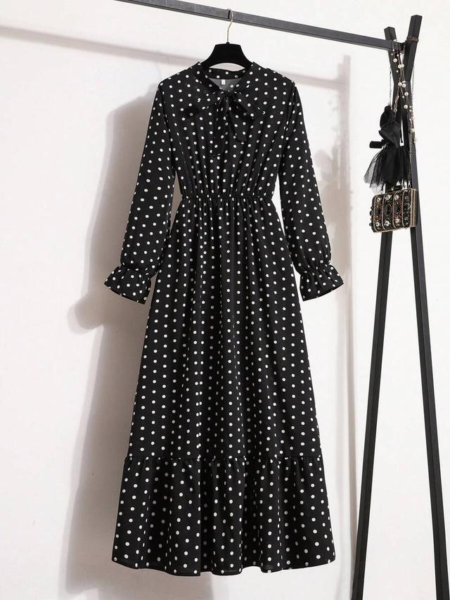 vintage polka dot long sleeve bowknot ribbon collar dress