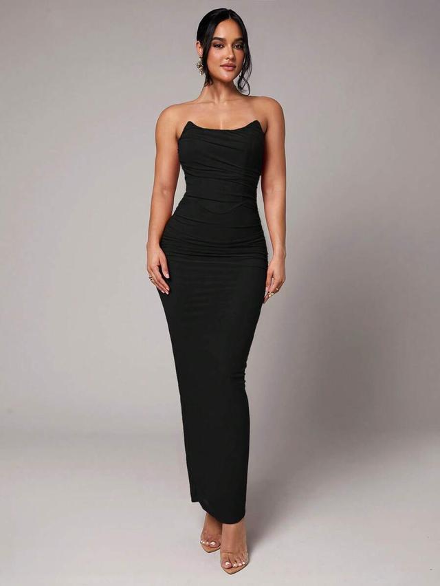 black strapless ruched bodycon maxi dress