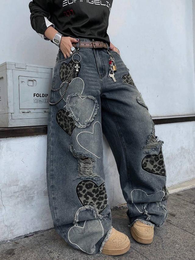 hearty haven embroidered distressed wide leg denim jeans