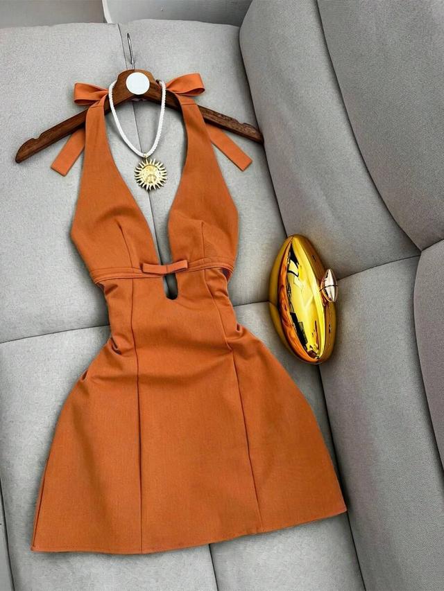 rust orange halter neck mini dress with bow