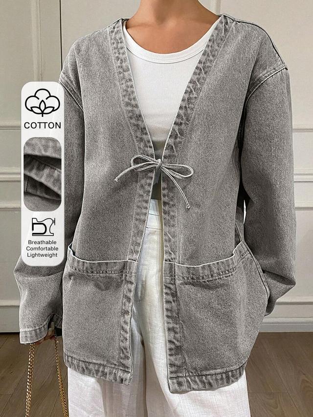 grey washed denim open front jacket with tie