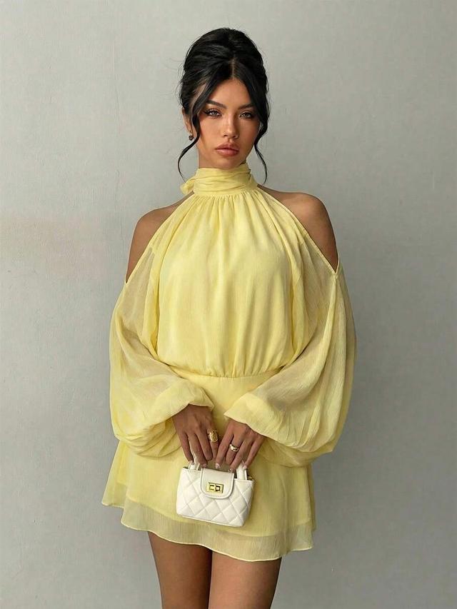 golden yellow aloruh elegant pale yellow lantern sleeve mini dress