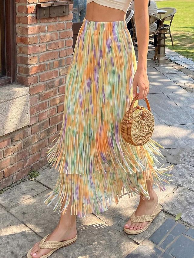 floral print tiered fringe a-line midi skirt
