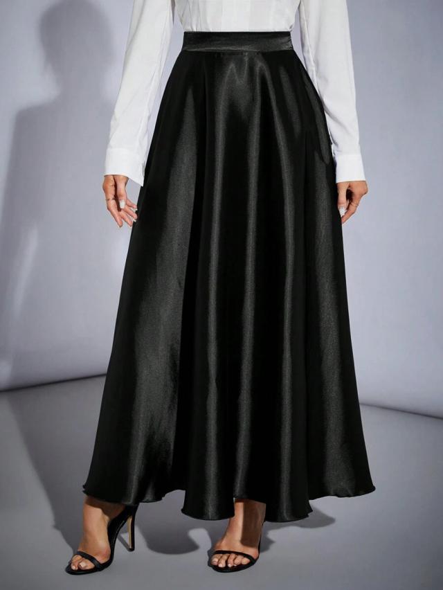 high waisted solid black satin flare skirt