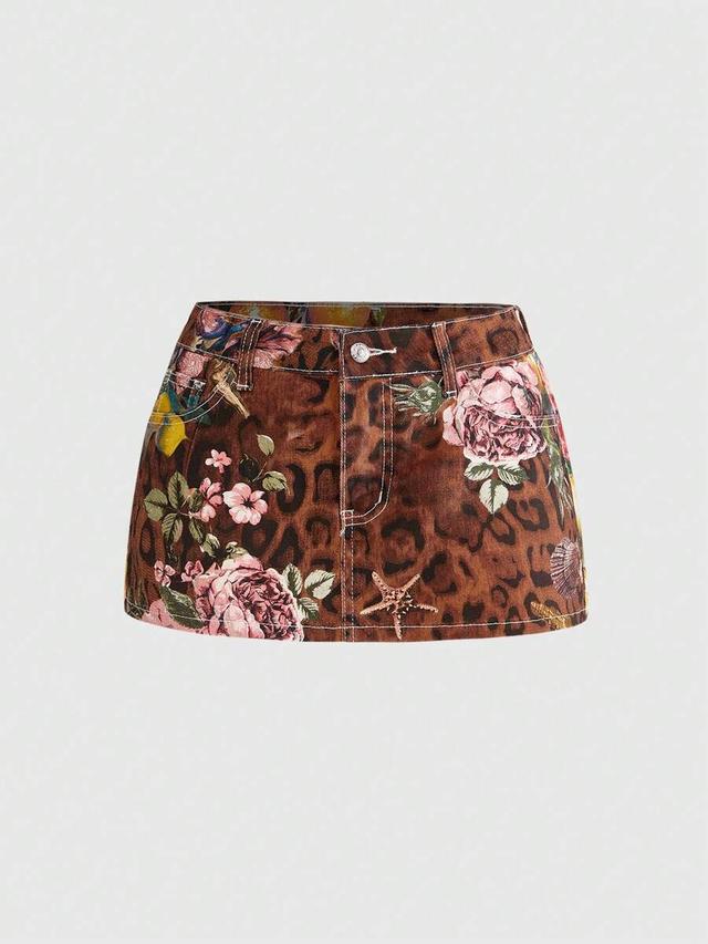 brown floral leopard print low waist denim mini skirt