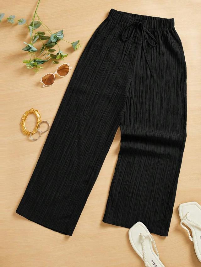 black textured casual wide leg long pants