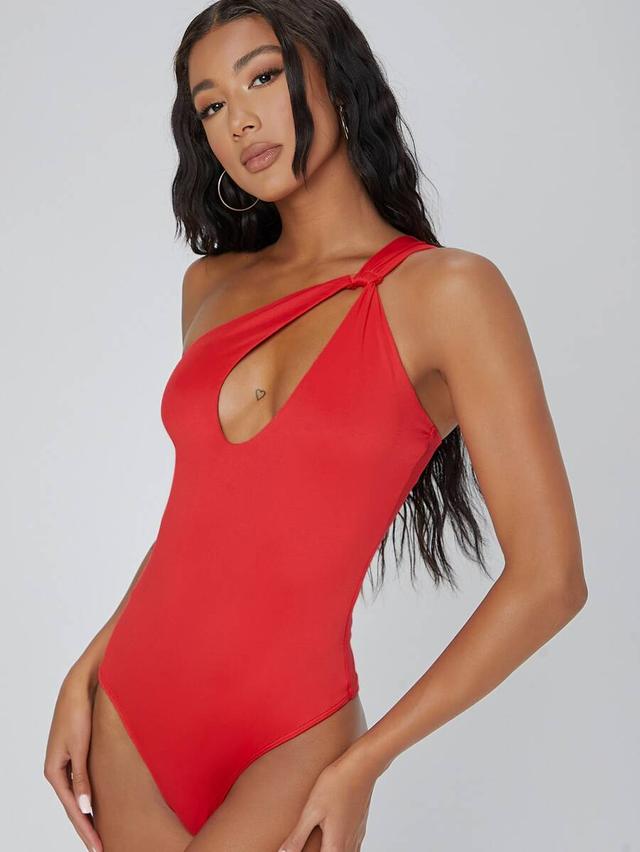 red one-shoulder cutout cheeky bodysuit