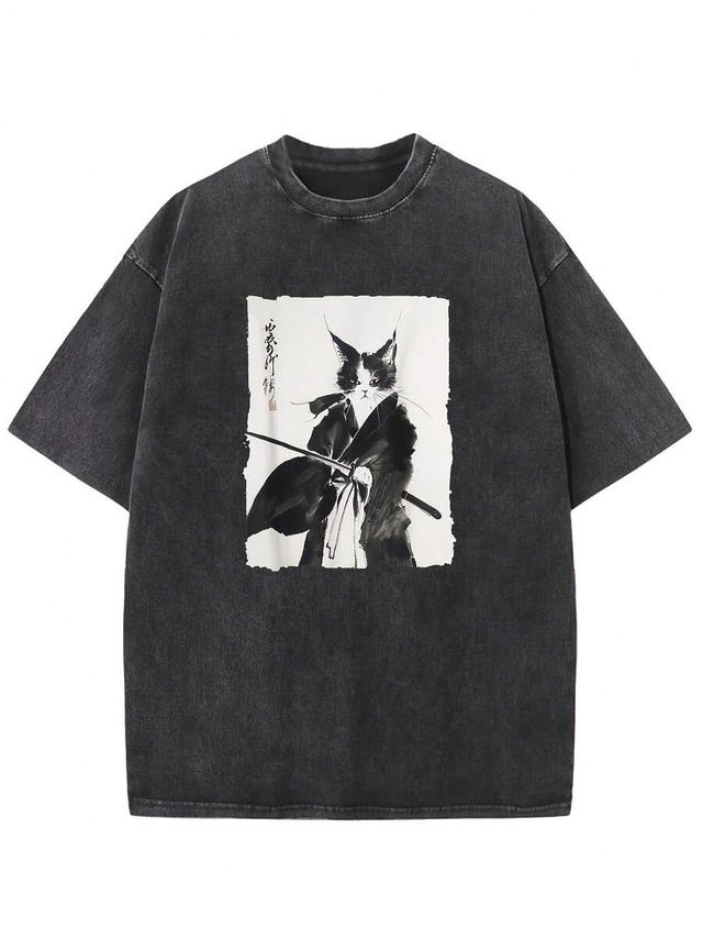 washed cotton samurai cat graphic t-shirt