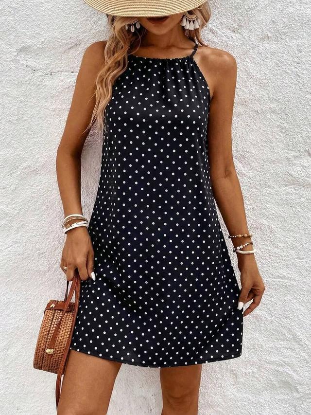 black and white polka dot halter neck summer dress