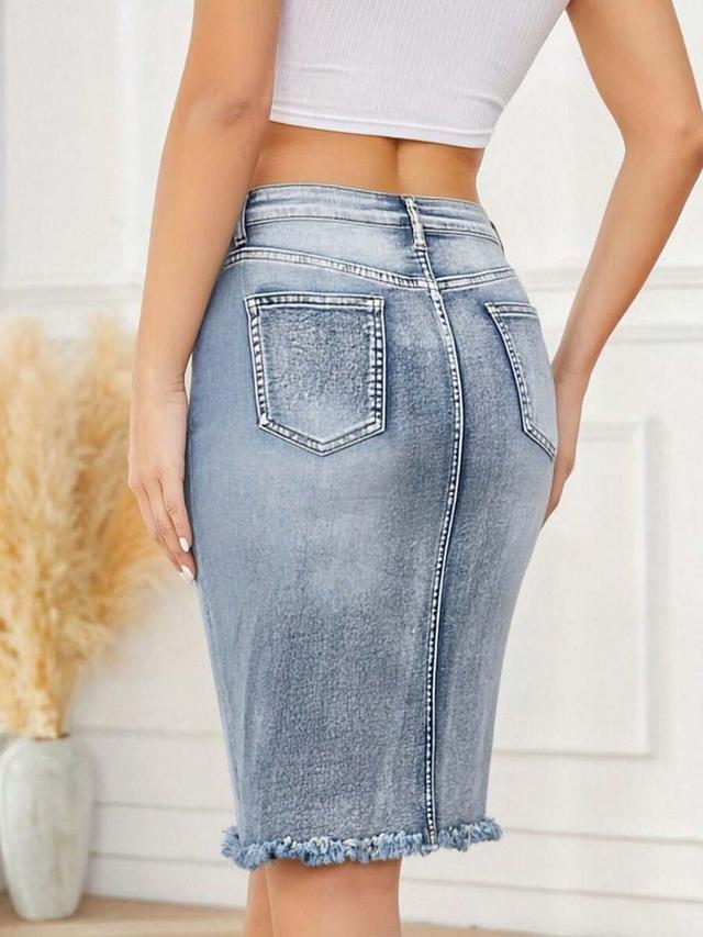 women's casual denim bodycon skirt with raw hem