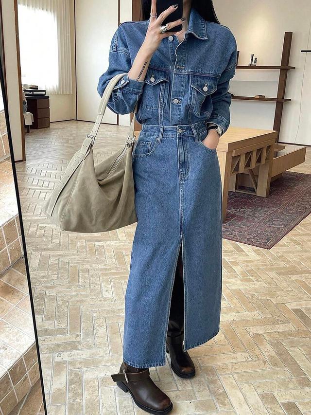 denim cropped jacket and straight leg long skirt set