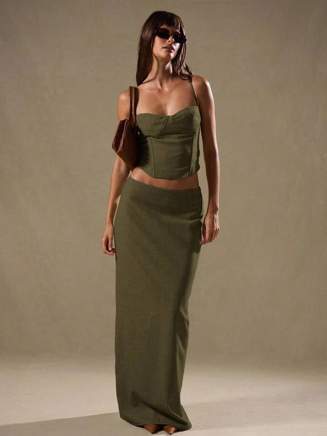 olive green low rise column maxi skirt