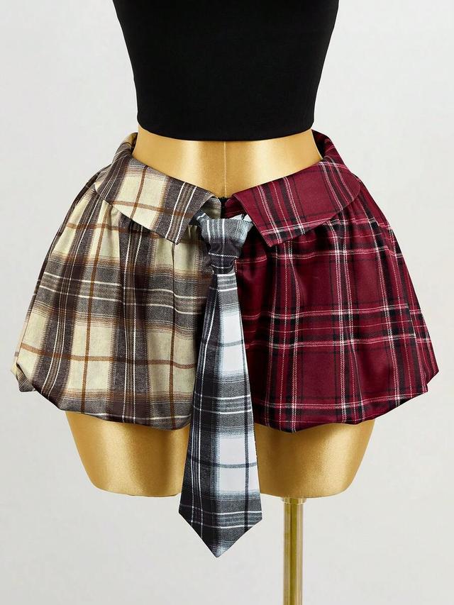 burgundy plaid plaid patchwork flared mini skirt