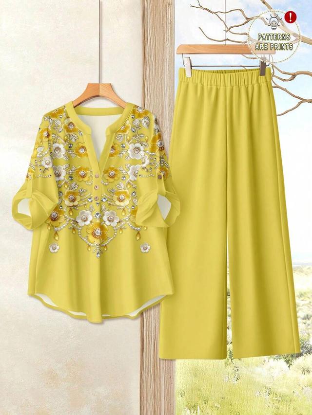 yellow floral embroidered faux pearl woven shirt and pants