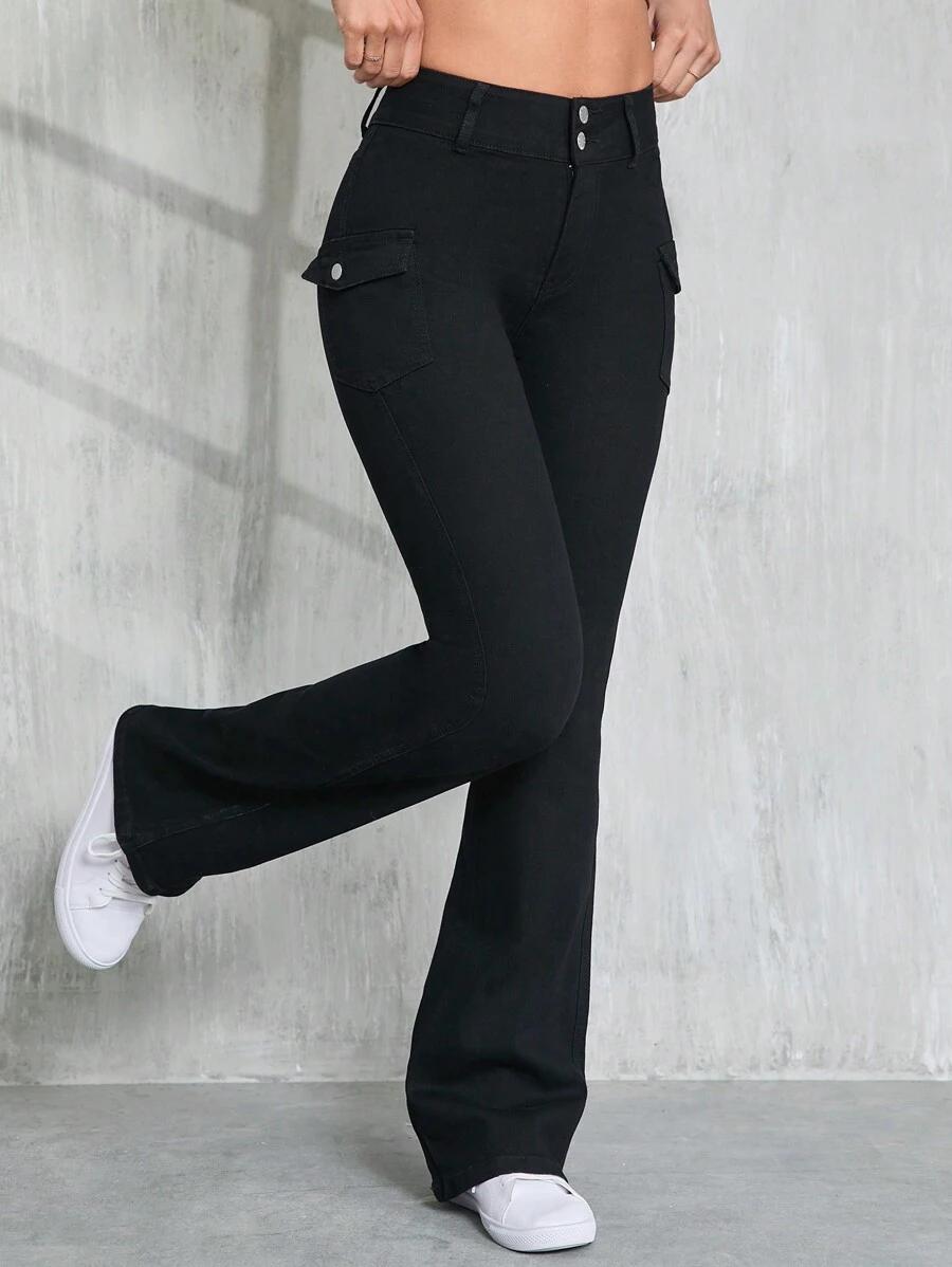 black stretch denim flared pants with cargo pockets