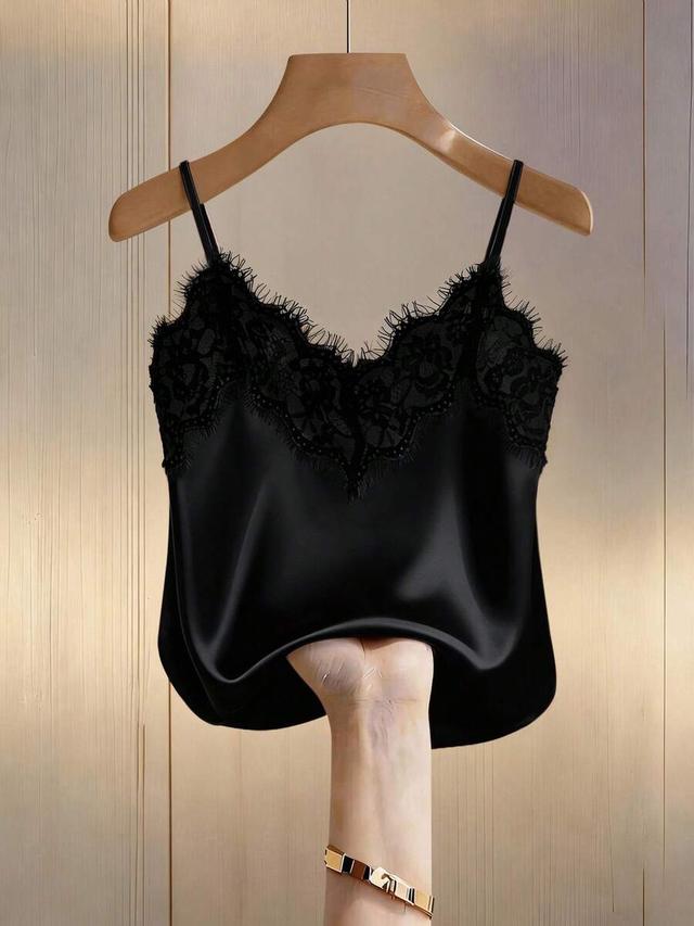 black satin camisole with lace trim