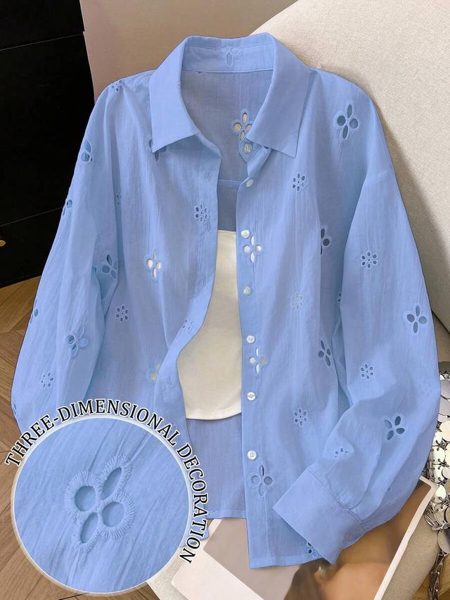 light blue embroidered mesh button-down long sleeve shirt