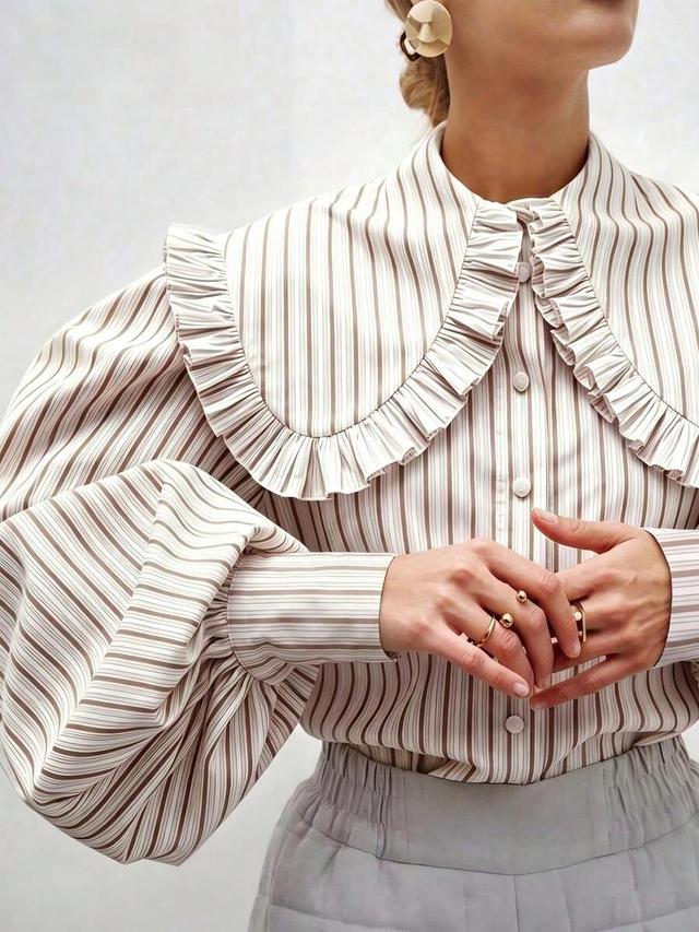elegant striped peter pan collar blouse with ruffle trim