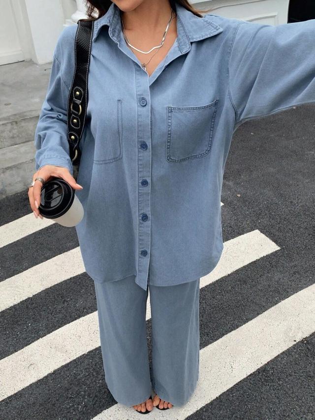 blue denim button-down shirt and loose trousers set