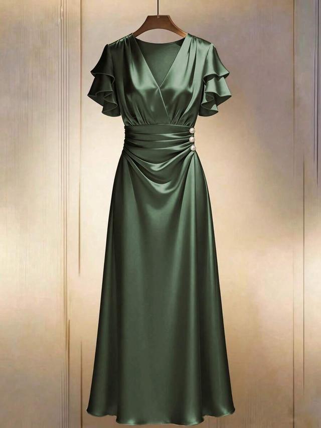 emerald green satin midi dress with ruffled sleeves