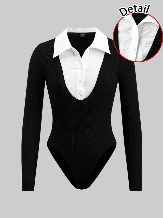 minimalist black ribbed bodysuit with white collar