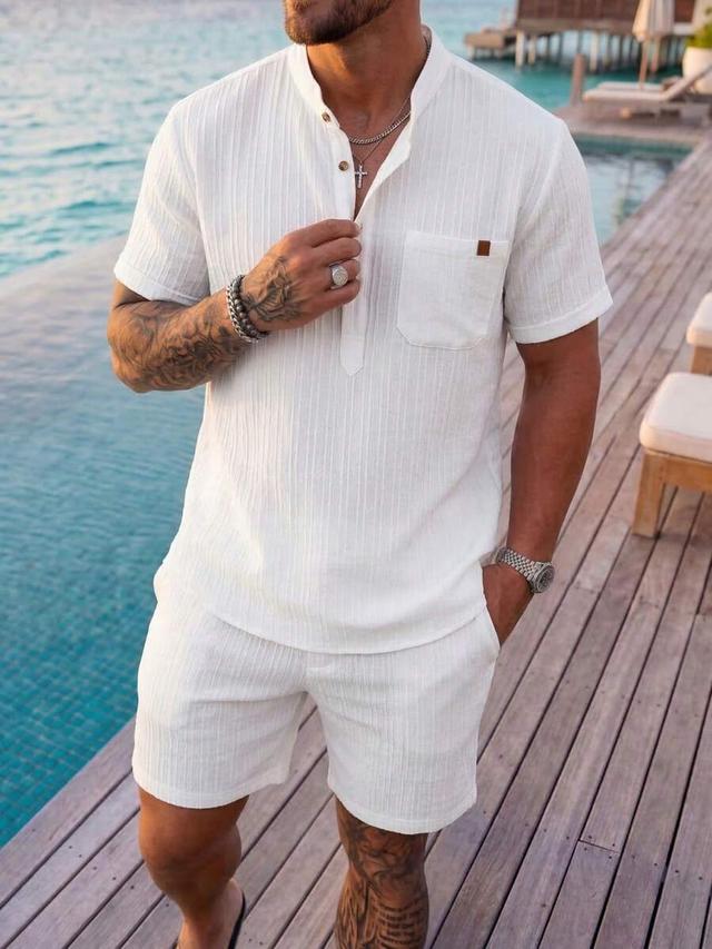 white textured cotton blend short sleeve henley shirt