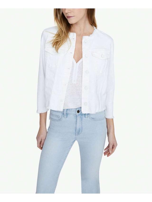 white denim cropped jacket with frayed edges