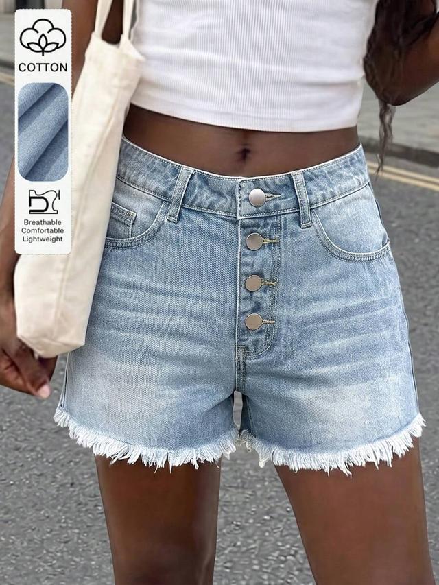 minimalist light wash distressed hem 4-button denim shorts