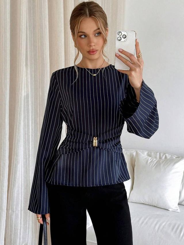 navy blue striped blouse with metal ring waist detail