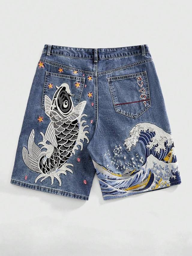 embroidered koi and wave pattern denim shorts