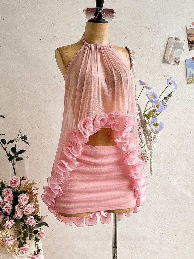 soleia women's elegant ruffle backless halter top and mini skirt set