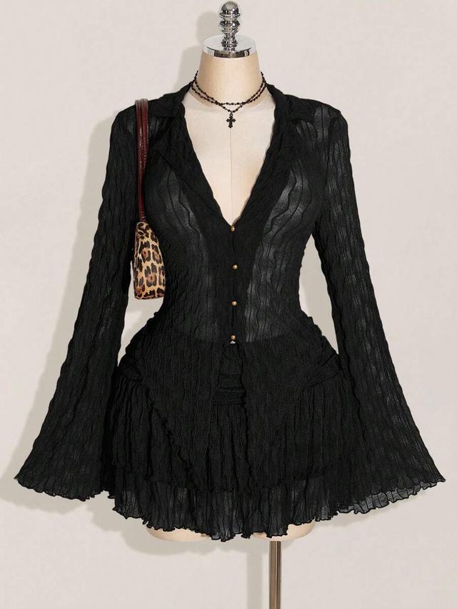 black lettuce edge asymmetric sheer long sleeve top