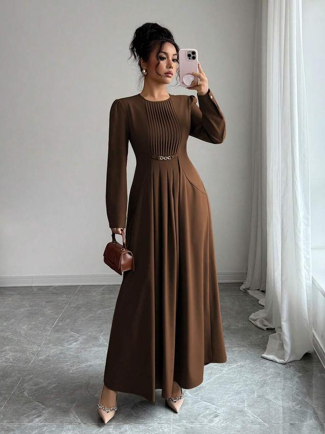 elegant brown pleated long sleeve waist chain dress