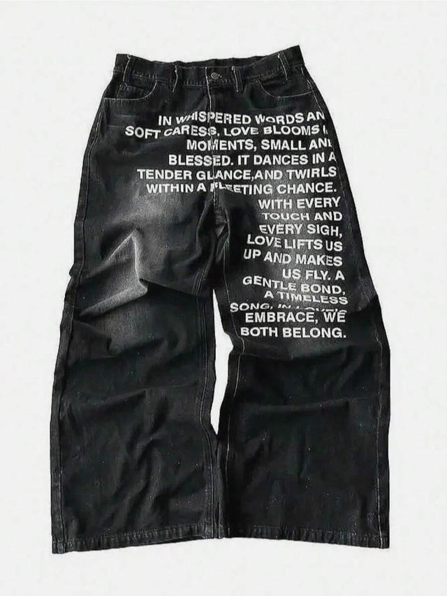 retro y2k straight romantic love verse print jeans