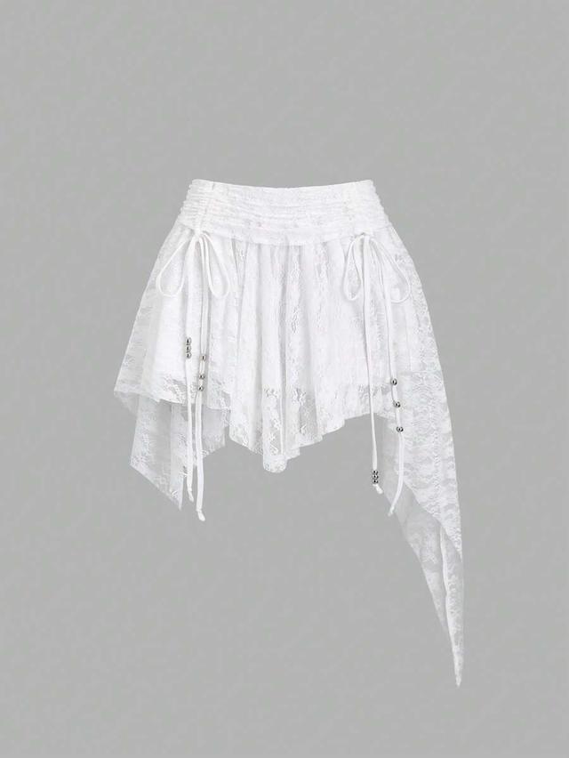 white bohemian lace asymmetric hem ruched waist skirt