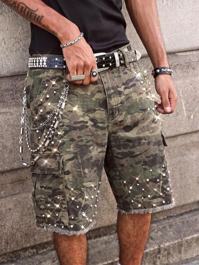 camouflage print beaded denim cargo shorts