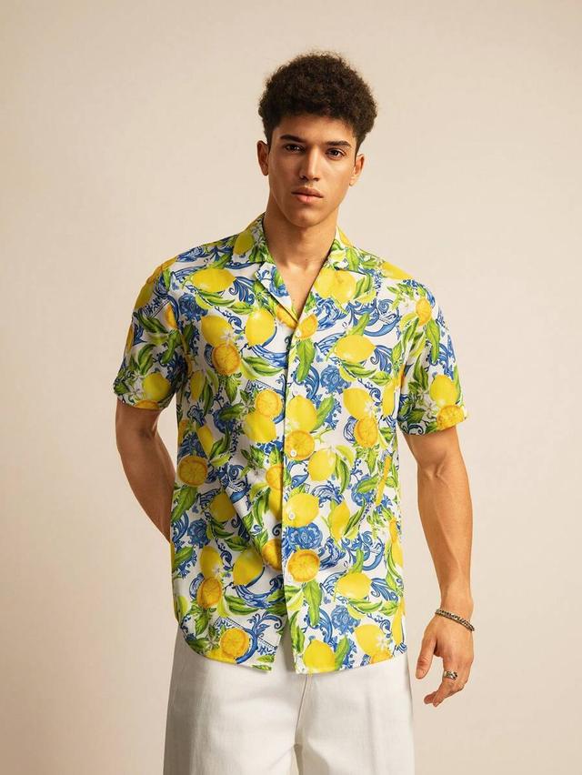 vacation style lemon print short sleeve button-down shirt