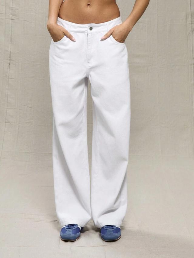 white low rise straight leg denim jeans
