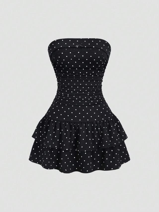black and white polka dot strapless ruffled dress