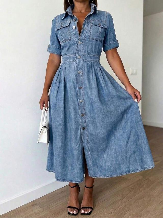 casual v-neck denim shirt dress with pocket detail