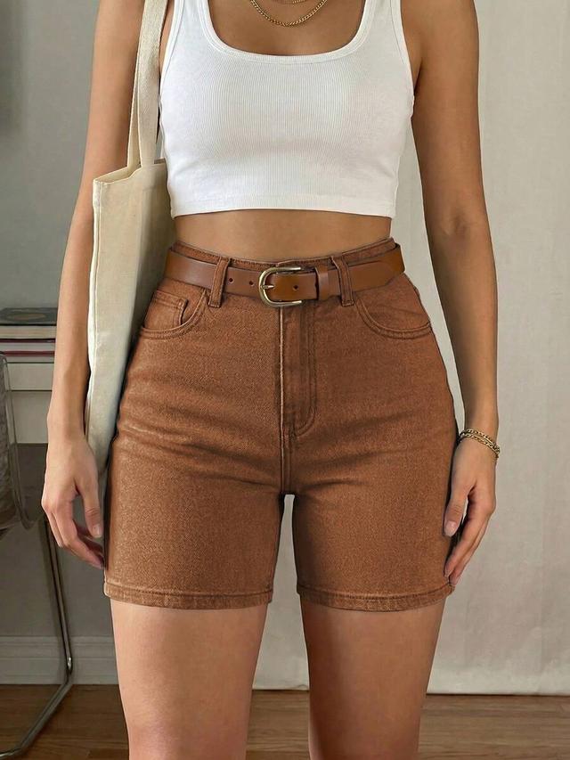 high-waisted brown denim shorts