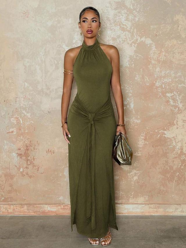 olive green sleeveless ruched bodycon maxi dress