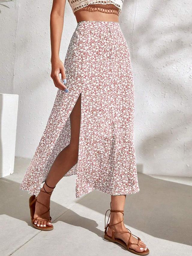 ditsy floral print split thigh midi skirt