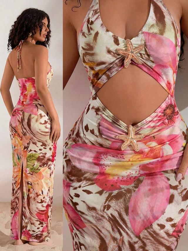 floral print halter neck midi dress