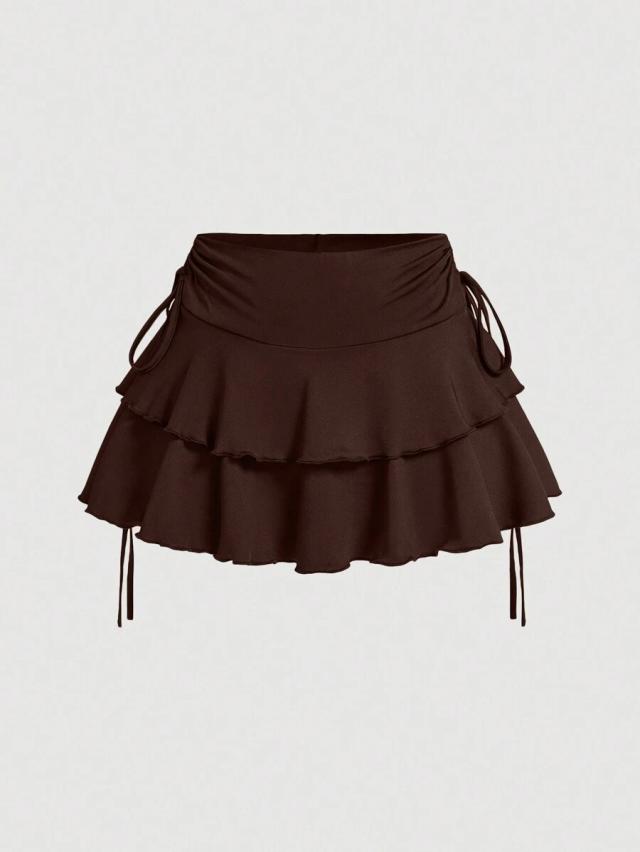 brown drawstring waist ruched ruffle tiered mini skirt