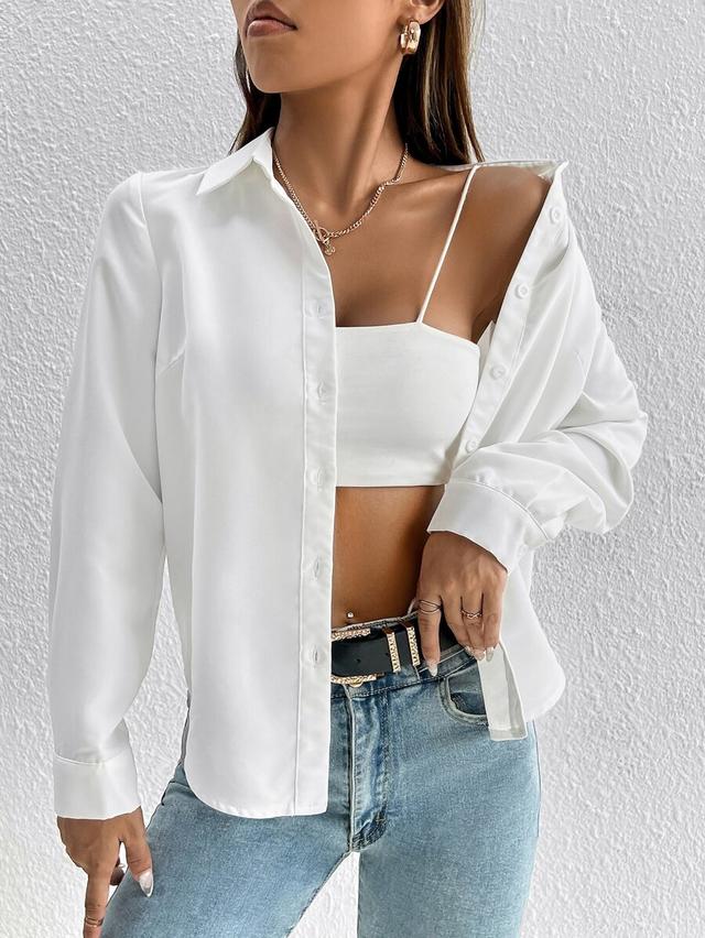 solid white button front long sleeve shirt
