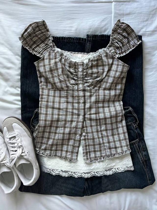 islasuriya puff sleeve frill trim plaid blouse
