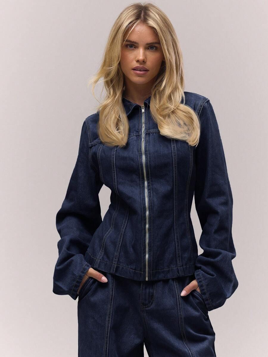 washed bleached denim paneled zip down collared jacket