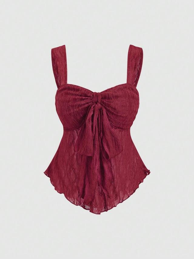 burgundy textured lace wide strap bow corset top