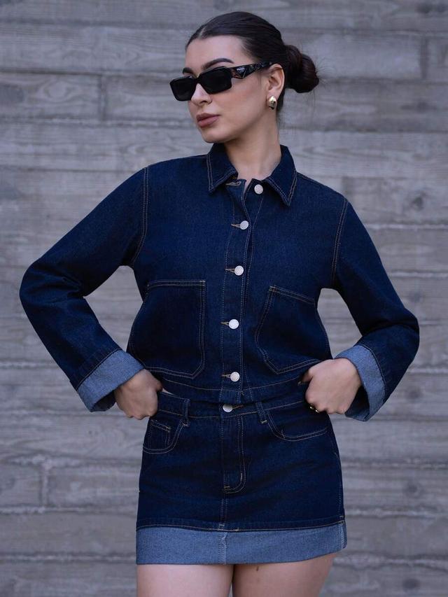dark blue denim jacket and folded hem skirt set